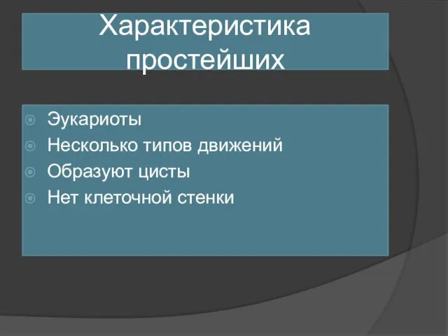 Характеристика простейших Эукариоты Несколько типов движений Образуют цисты Нет клеточной стенки