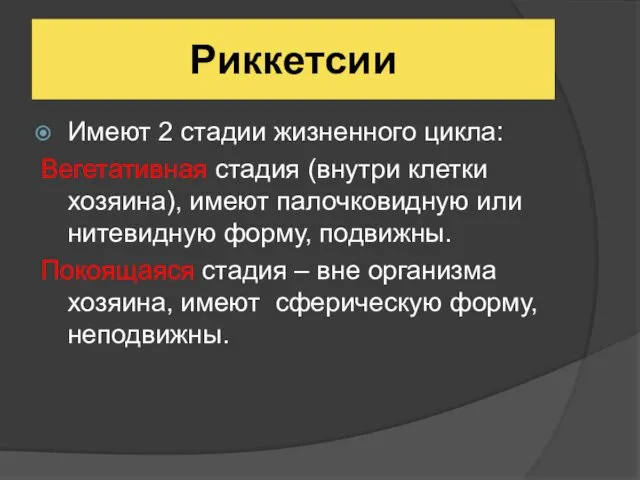 Риккетсии Имеют 2 стадии жизненного цикла: Вегетативная стадия (внутри клетки