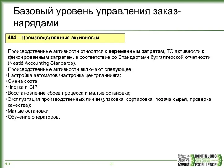 Производственные активности относятся к переменным затратам, ТО активности к фиксированным