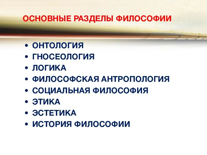 ОСНОВНЫЕ РАЗДЕЛЫ ФИЛОСОФИИ ОНТОЛОГИЯ ГНОСЕОЛОГИЯ ЛОГИКА ФИЛОСОФСКАЯ АНТРОПОЛОГИЯ СОЦИАЛЬНАЯ ФИЛОСОФИЯ ЭТИКА ЭСТЕТИКА ИСТОРИЯ ФИЛОСОФИИ