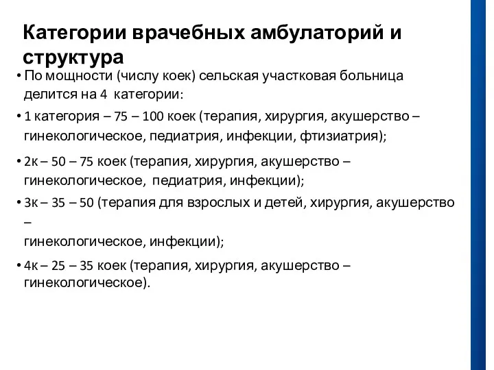 Категории врачебных амбулаторий и структура По мощности (числу коек) сельская