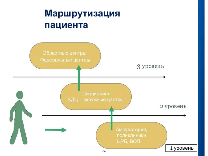 Маршрутизация пациента 71 3 уровень 2 уровень Амбулатория, поликлиники ЦРБ,