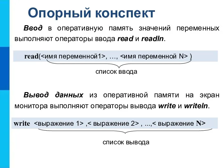 Опорный конспект Ввод в оперативную память значений переменных выполняют операторы