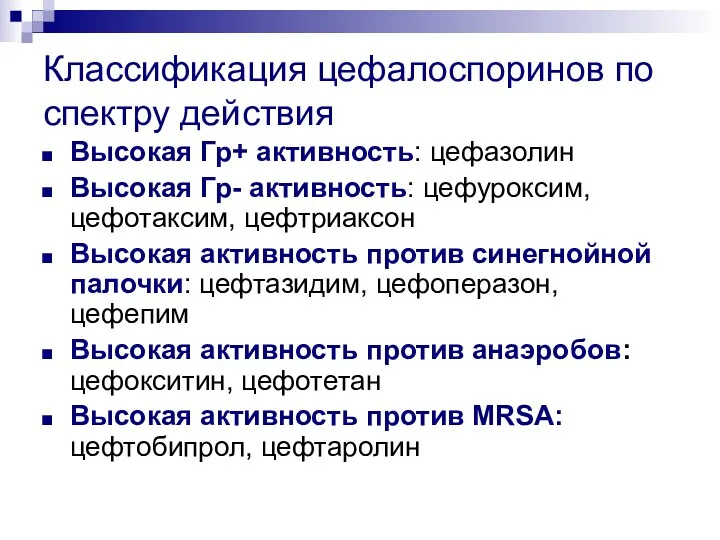 Классификация цефалоспоринов по спектру действия Высокая Гр+ активность: цефазолин Высокая