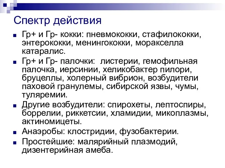 Спектр действия Гр+ и Гр- кокки: пневмококки, стафилококки, энтерококки, менингококки,