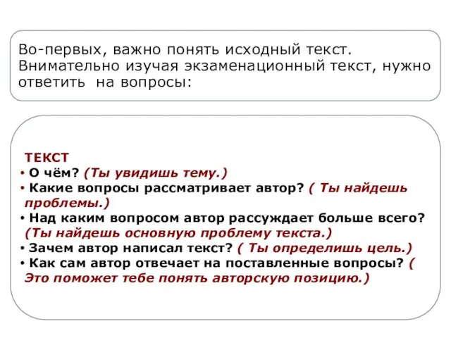 * Во-первых, важно понять исходный текст. Внимательно изучая экзаменационный текст,