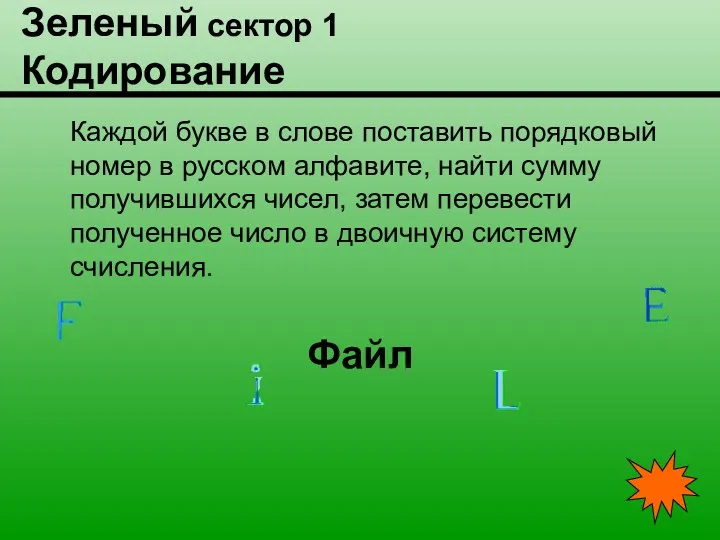 Зеленый сектор 1 Кодирование Каждой букве в слове поставить порядковый