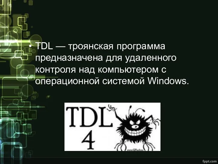 TDL — троянская программа предназначена для удаленного контроля над компьютером с операционной системой Windows.