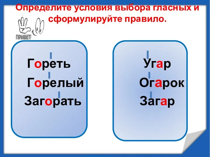 Определите условия выбора гласных и сформулируйте правило. Гореть Угар Горелый Огарок Загорать Загар