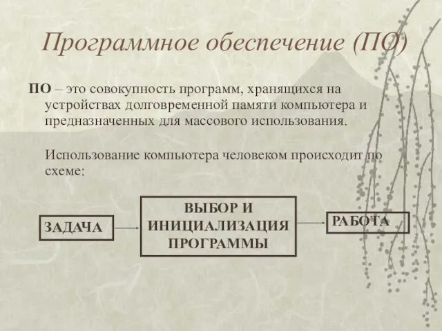 Программное обеспечение (ПО) ПО – это совокупность программ, хранящихся на