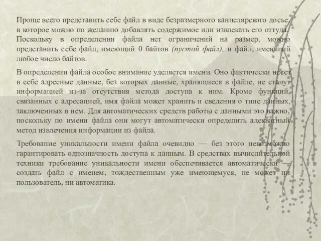 Проще всего представить себе файл в виде безразмерного канцелярского досье,