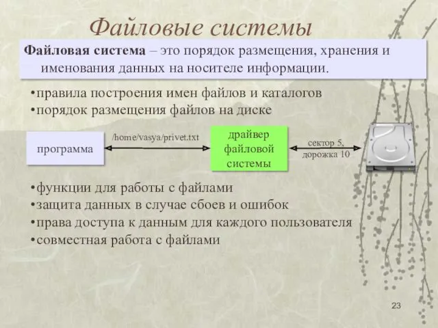 Файловые системы Файловая система – это порядок размещения, хранения и