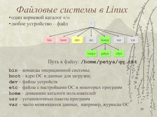 Файловые системы в Linux один корневой каталог «/» любое устройство