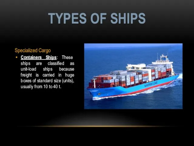 Specialized Cargo Containers Ships: These ships are classified as unit-load