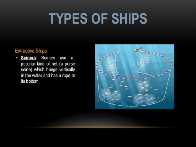 Extractive Ships Seiners: Seiners use a peculiar kind of net (a purse seine)