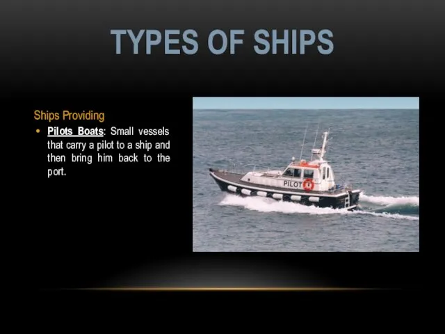 Ships Providing Pilots Boats: Small vessels that carry a pilot to a ship