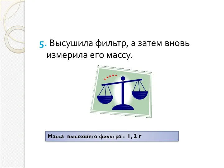 5. Высушила фильтр, а затем вновь измерила его массу. Масса высохшего фильтра : 1, 2 г