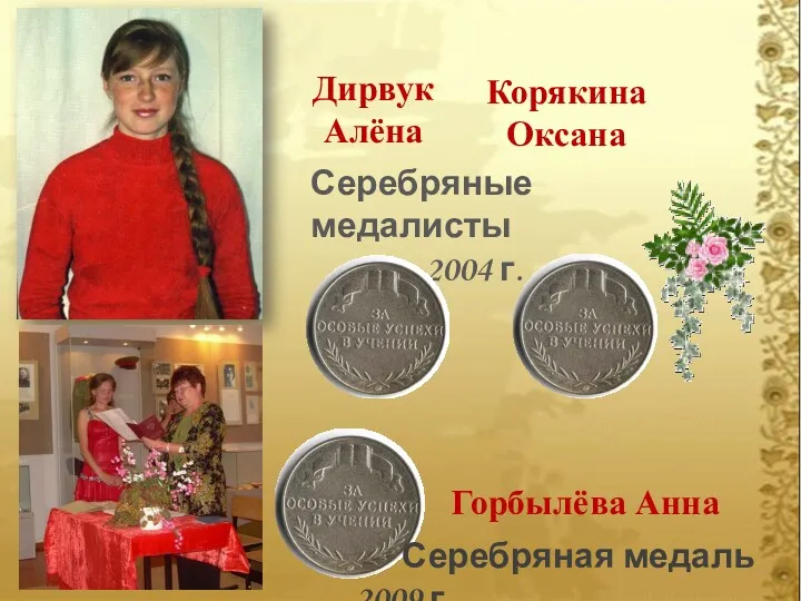 Серебряные медалисты 2004 г. Дирвук Алёна Корякина Оксана Горбылёва Анна Серебряная медаль 2009 г.