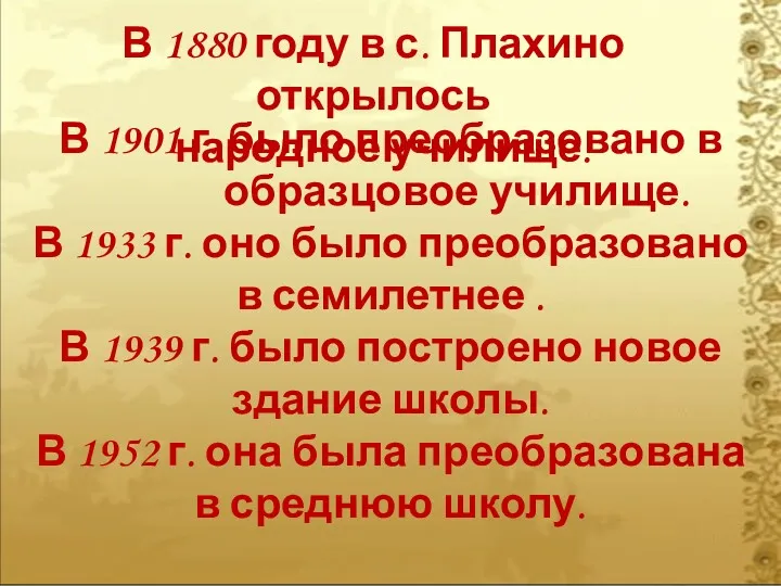 В 1880 году в с. Плахино открылось народное училище. В