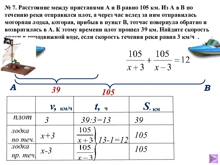 № 7. Расстояние между пристанями А и В равно 105