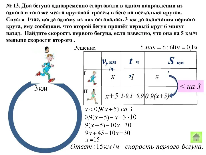 № 13. Два бегуна одновременно стартовали в одном направлении из