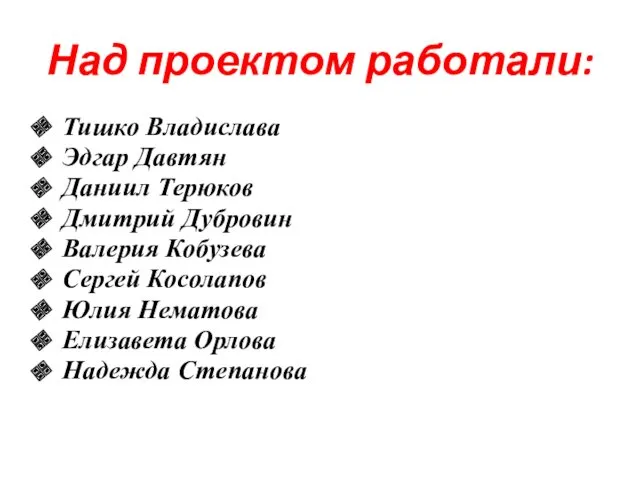 Над проектом работали: Тишко Владислава Эдгар Давтян Даниил Терюков Дмитрий