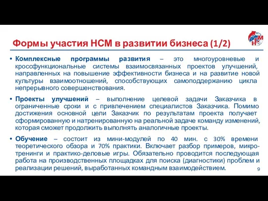 Формы участия НСМ в развитии бизнеса (1/2) Комплексные программы развития