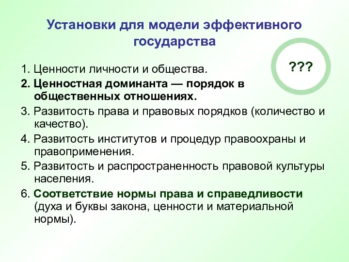 Установки для модели эффективного государства 1. Ценности личности и общества.