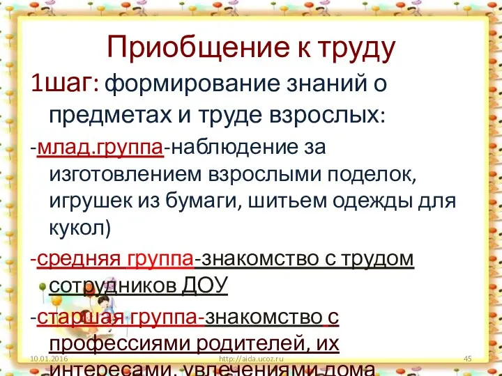 Приобщение к труду 1шаг: формирование знаний о предметах и труде