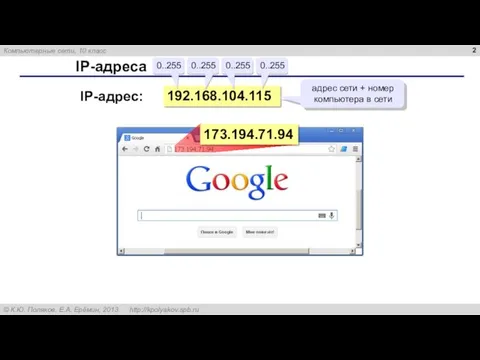 IP-адреса 192.168.104.115 0..255 0..255 0..255 0..255 IP-адрес: адрес сети + номер компьютера в сети