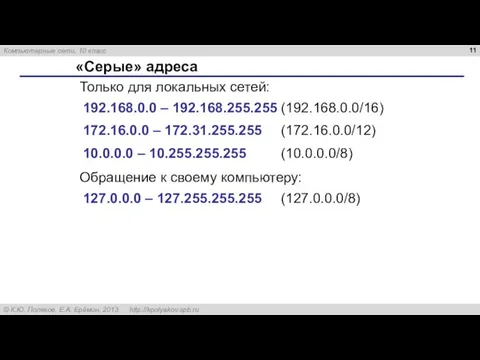 «Серые» адреса 192.168.0.0 – 192.168.255.255 (192.168.0.0/16) 172.16.0.0 – 172.31.255.255 (172.16.0.0/12)