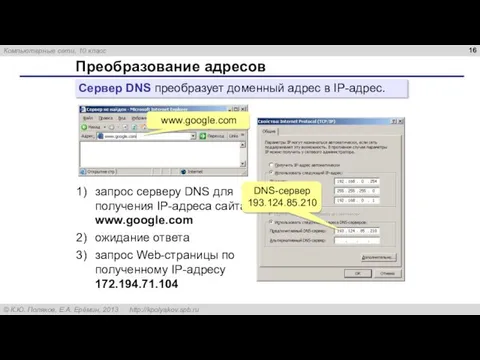 Преобразование адресов Сервер DNS преобразует доменный адрес в IP-адрес. www.google.com