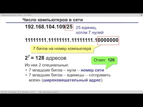 Число компьютеров в сети 192.168.104.109/25 25 единиц, потом 7 нулей