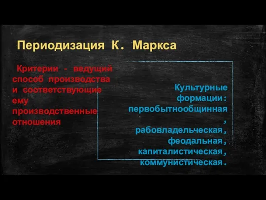 Периодизация К. Маркса Критерии - ведущий способ производства и соответствующие ему производственные отношения