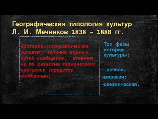 Географическая типология культур Л. И. Мечников 1838 – 1888 гг. Три фазы истории