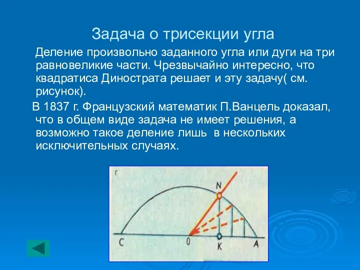 Задача о трисекции угла Деление произвольно заданного угла или дуги