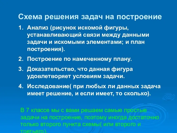 Схема решения задач на построение Анализ (рисунок искомой фигуры, устанавливающий