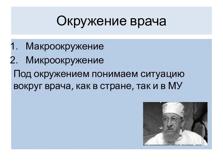 Окружение врача Макроокружение Микроокружение Под окружением понимаем ситуацию вокруг врача,