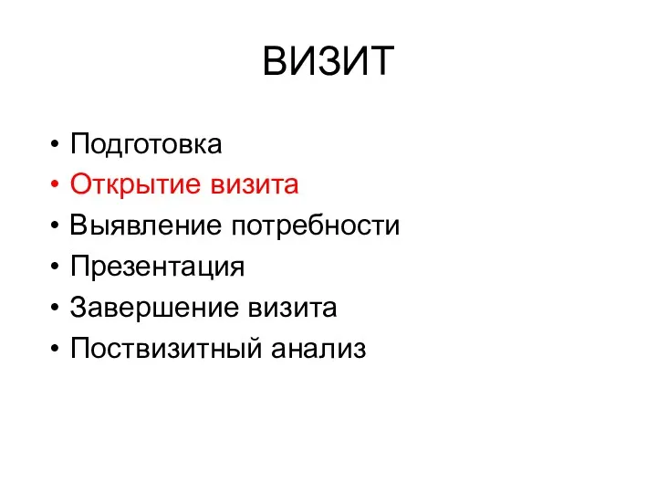 ВИЗИТ Подготовка Открытие визита Выявление потребности Презентация Завершение визита Поствизитный анализ