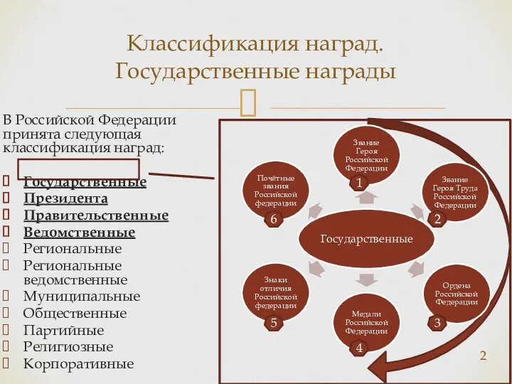 В Российской Федерации принята следующая классификация наград: Государственные Президента Правительственные