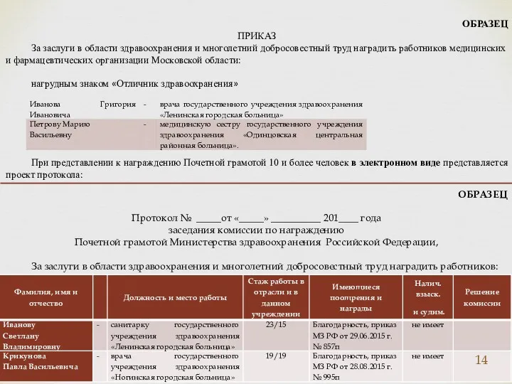 ОБРАЗЕЦ ПРИКАЗ За заслуги в области здравоохранения и многолетний добросовестный