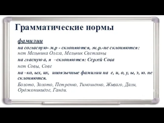 Грамматические нормы фамилии на согласную- м.р - склоняются, ж.р.-не склоняются: