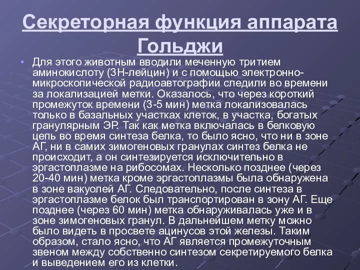 Секреторная функция аппарата Гольджи Для этого животным вводили меченную тритием