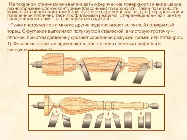 На токарном станке можно вытачивать сферические поверхности в виде шаров, разнообразные сложноконтурные (фасонные)