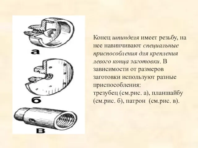 Конец шпинделя имеет резьбу, на нее навинчивают специальные приспособления для крепления левого конца