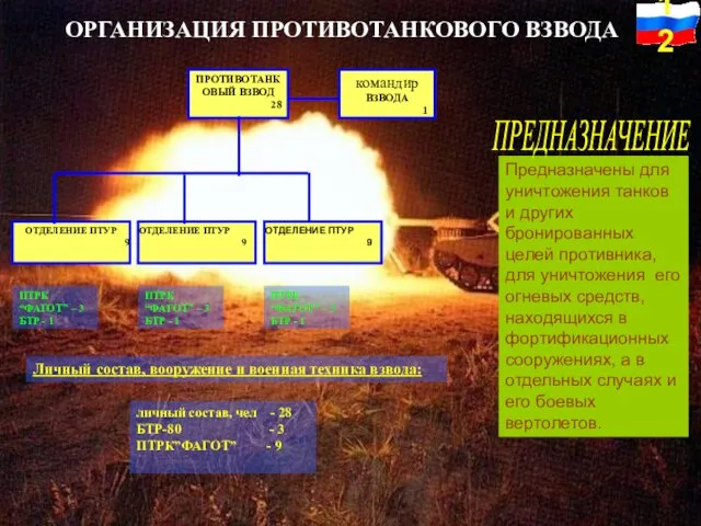 ОРГАНИЗАЦИЯ ПРОТИВОТАНКОВОГО ВЗВОДА Предназначены для уничтожения танков и других бронированных