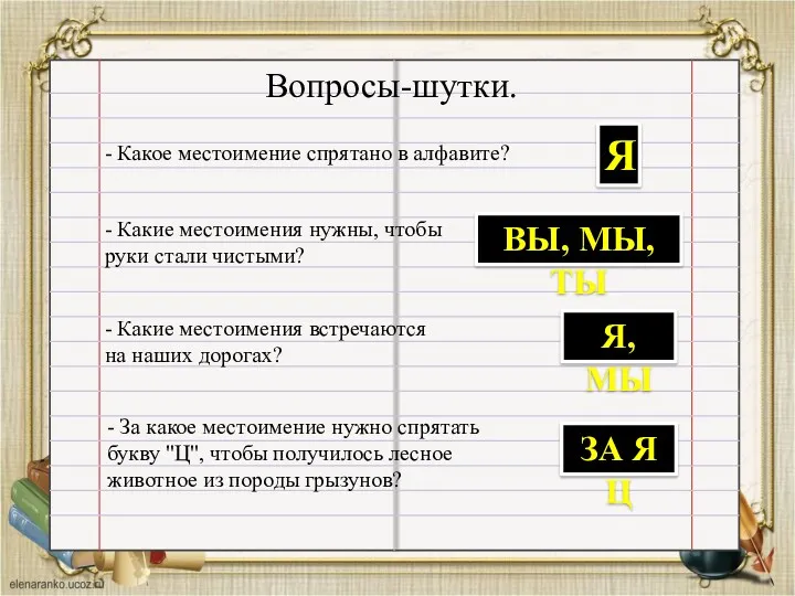 Вопросы-шутки. - Какое местоимение спрятано в алфавите? Я - Какие