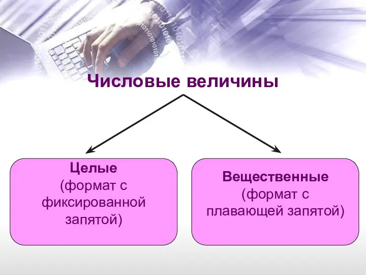 Числовые величины Целые (формат с фиксированной запятой) Вещественные (формат с плавающей запятой)