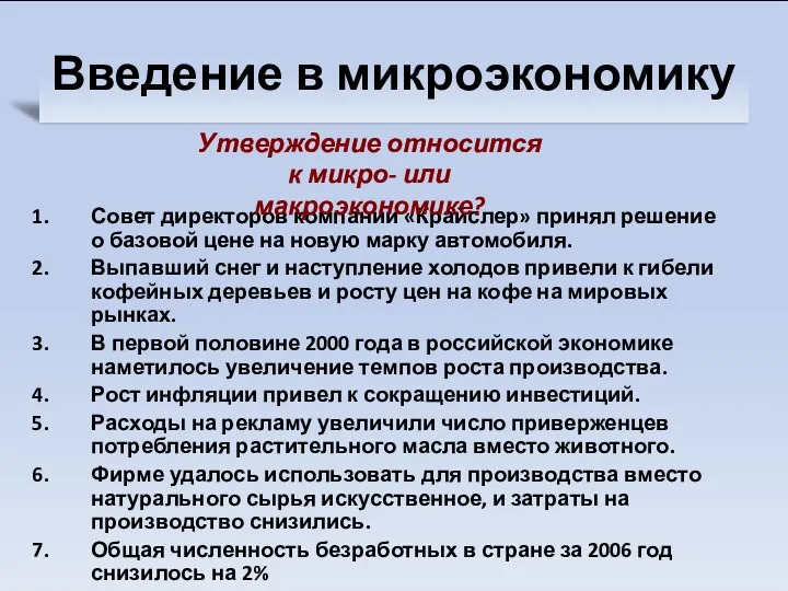 Введение в микроэкономику Совет директоров компании «Крайслер» принял решение о