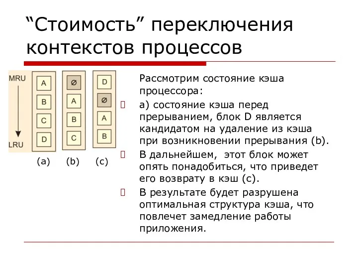 “Стоимость” переключения контекстов процессов Рассмотрим состояние кэша процессора: а) состояние